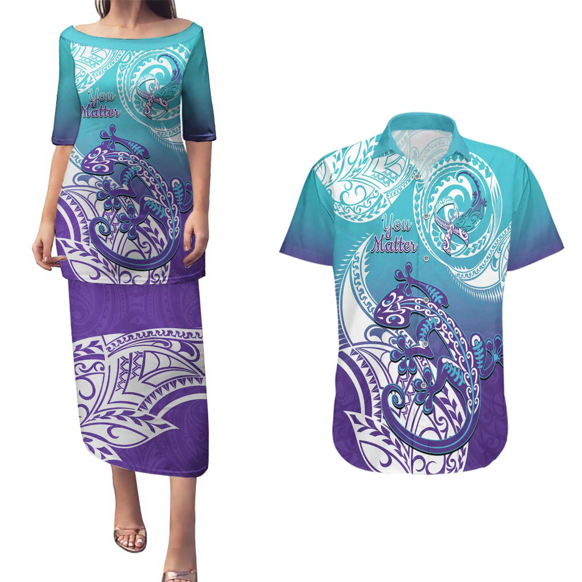 Personalised New Zealand Suicide Prevention Month Couples Matching Puletasi and Hawaiian Shirt You Matter NZ Fern With Maori Koru Lizard LT14 Teal - Polynesian Pride