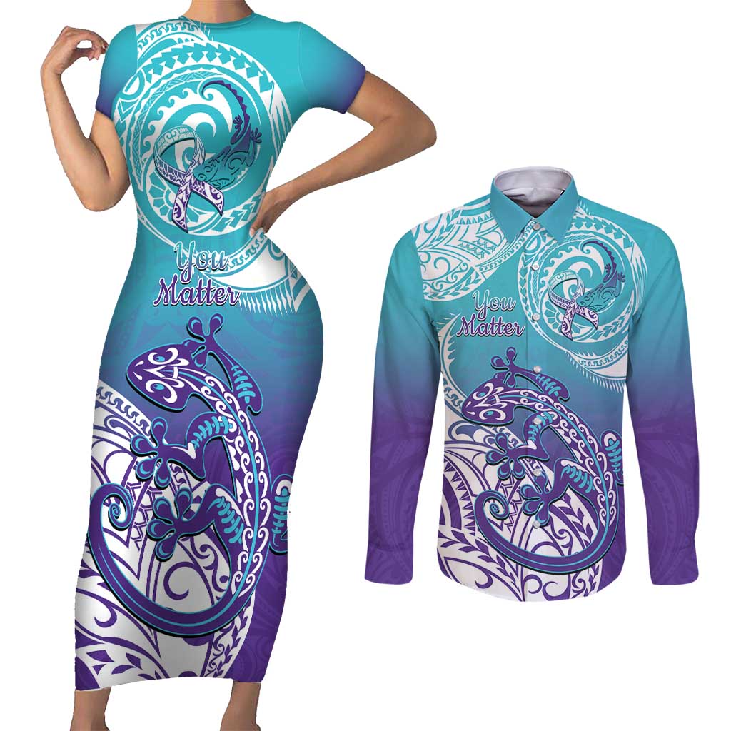 Personalised New Zealand Suicide Prevention Month Couples Matching Short Sleeve Bodycon Dress and Long Sleeve Button Shirt You Matter NZ Fern With Maori Koru Lizard LT14 Teal - Polynesian Pride