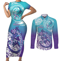 Personalised New Zealand Suicide Prevention Month Couples Matching Short Sleeve Bodycon Dress and Long Sleeve Button Shirt You Matter NZ Fern With Maori Koru Lizard LT14 Teal - Polynesian Pride