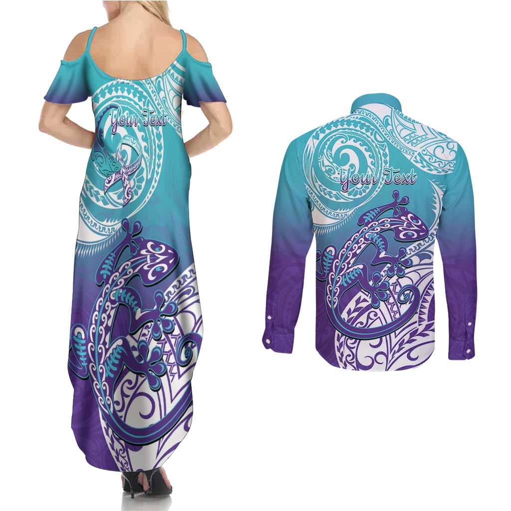 Personalised New Zealand Suicide Prevention Month Couples Matching Summer Maxi Dress and Long Sleeve Button Shirt You Matter NZ Fern With Maori Koru Lizard LT14 - Polynesian Pride