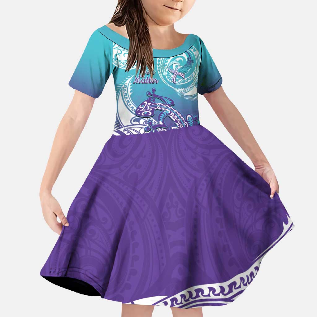 Personalised New Zealand Suicide Prevention Month Family Matching Mermaid Dress and Hawaiian Shirt You Matter NZ Fern With Maori Koru Lizard LT14 Daughter's Dress Teal - Polynesian Pride