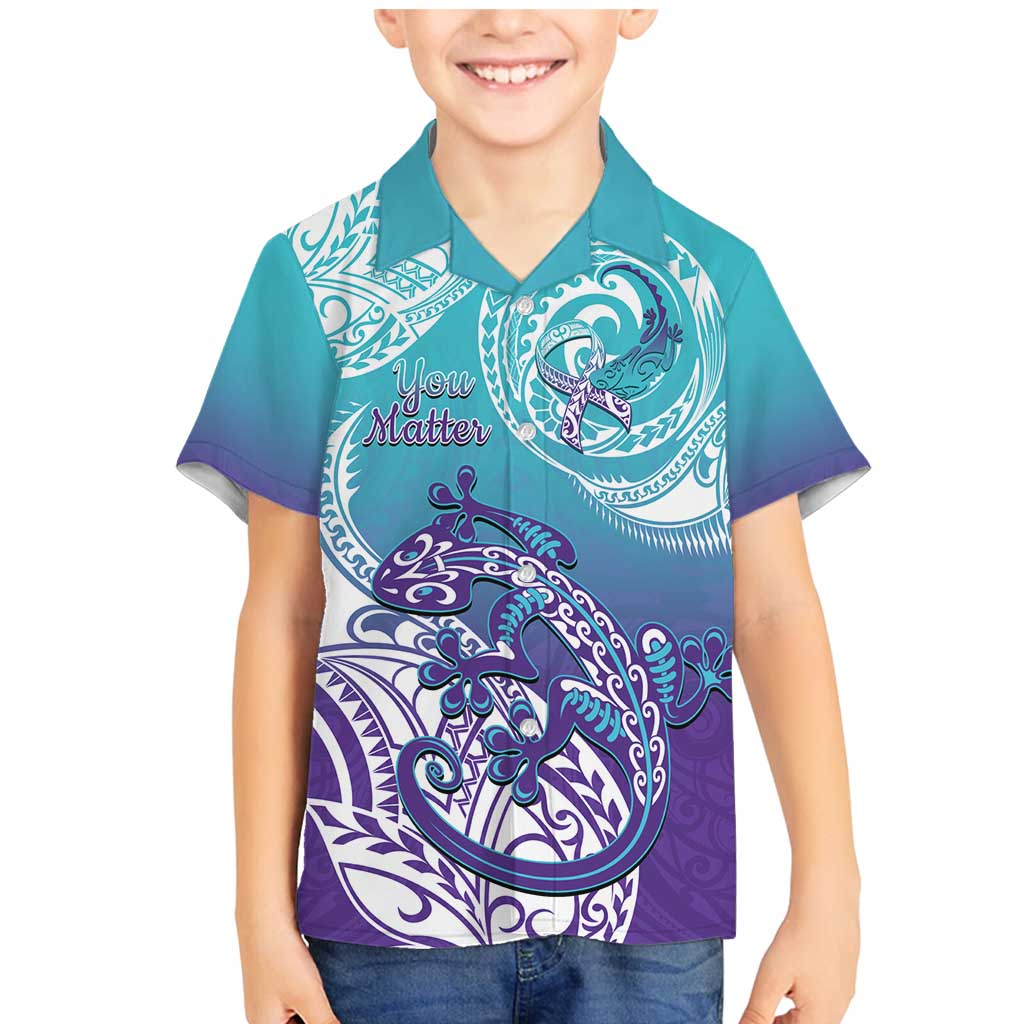 Personalised New Zealand Suicide Prevention Month Family Matching Mermaid Dress and Hawaiian Shirt You Matter NZ Fern With Maori Koru Lizard LT14 Son's Shirt Teal - Polynesian Pride