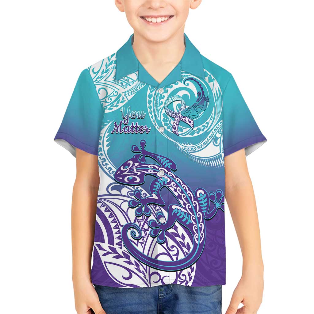 Personalised New Zealand Suicide Prevention Month Family Matching Off Shoulder Maxi Dress and Hawaiian Shirt You Matter NZ Fern With Maori Koru Lizard LT14 Son's Shirt Teal - Polynesian Pride