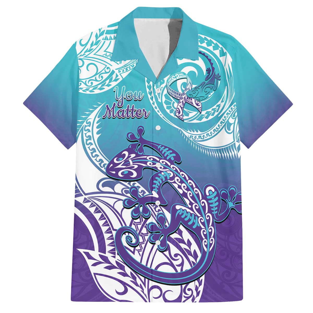 Personalised New Zealand Suicide Prevention Month Family Matching Off Shoulder Short Dress and Hawaiian Shirt You Matter NZ Fern With Maori Koru Lizard LT14 Dad's Shirt - Short Sleeve Teal - Polynesian Pride