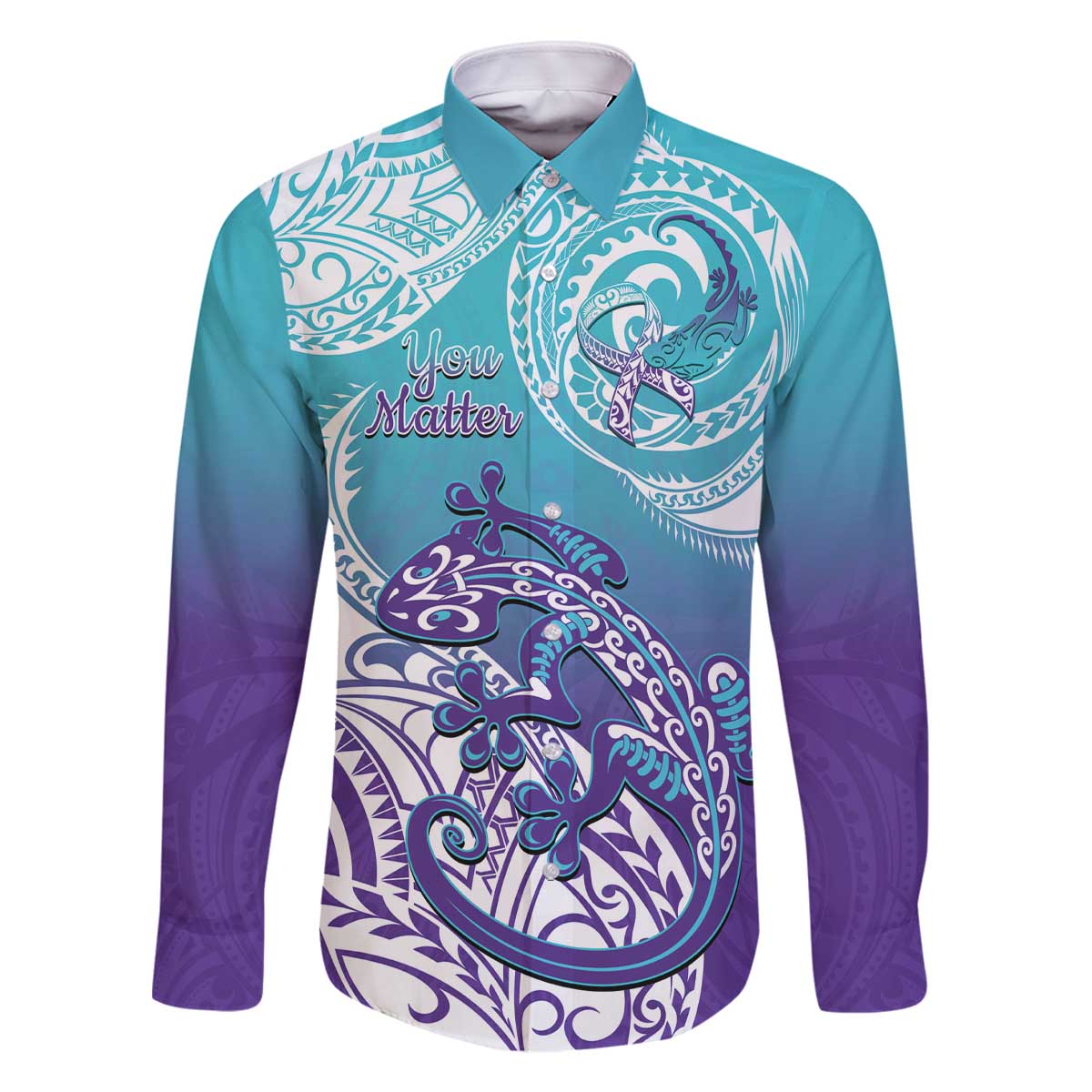 Personalised New Zealand Suicide Prevention Month Family Matching Off Shoulder Short Dress and Hawaiian Shirt You Matter NZ Fern With Maori Koru Lizard LT14 Dad's Shirt - Long Sleeve Teal - Polynesian Pride