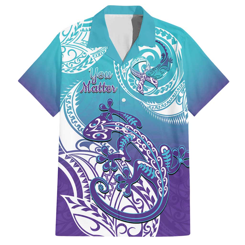 Personalised New Zealand Suicide Prevention Month Family Matching Short Sleeve Bodycon Dress and Hawaiian Shirt You Matter NZ Fern With Maori Koru Lizard LT14 Dad's Shirt - Short Sleeve Teal - Polynesian Pride