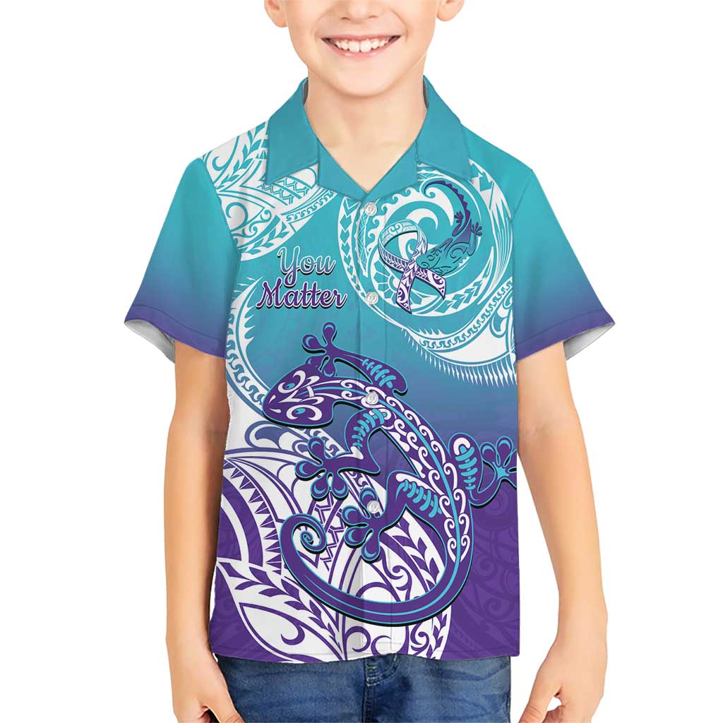 Personalised New Zealand Suicide Prevention Month Family Matching Short Sleeve Bodycon Dress and Hawaiian Shirt You Matter NZ Fern With Maori Koru Lizard LT14 Son's Shirt Teal - Polynesian Pride