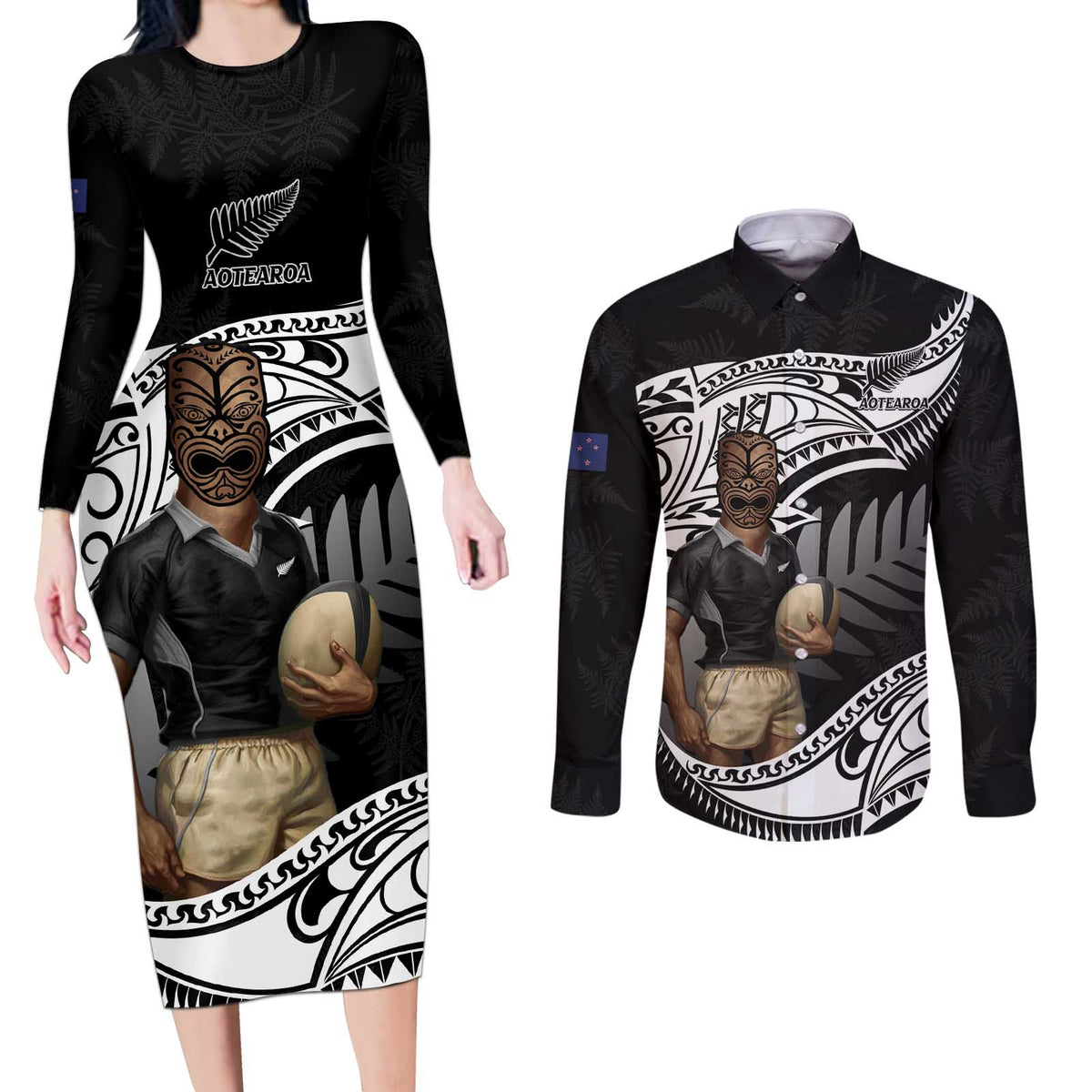 Custom New Zealand Silver Fern Rugby Couples Matching Long Sleeve Bodycon Dress and Long Sleeve Button Shirt 2024 Aotearoa Maori Mascot Go All Black LT14 Black - Polynesian Pride