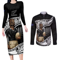 Custom New Zealand Silver Fern Rugby Couples Matching Long Sleeve Bodycon Dress and Long Sleeve Button Shirt 2024 Aotearoa Maori Mascot Go All Black LT14 Black - Polynesian Pride