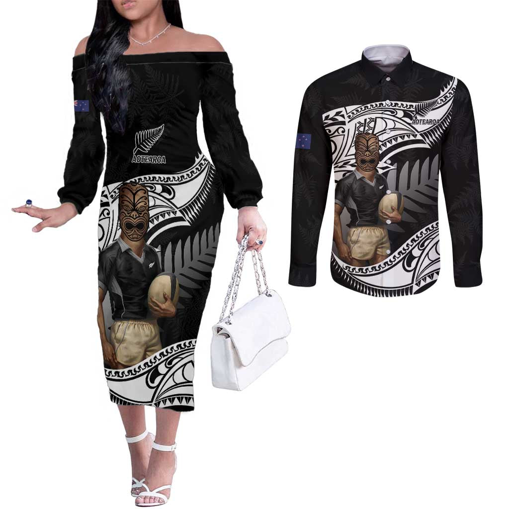 Custom New Zealand Silver Fern Rugby Couples Matching Off The Shoulder Long Sleeve Dress and Long Sleeve Button Shirt 2024 Aotearoa Maori Mascot Go All Black LT14 Black - Polynesian Pride