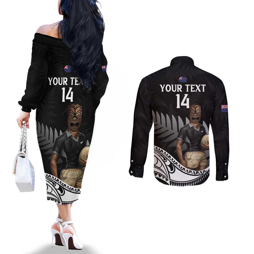 Custom New Zealand Silver Fern Rugby Couples Matching Off The Shoulder Long Sleeve Dress and Long Sleeve Button Shirt 2024 Aotearoa Maori Mascot Go All Black LT14 - Polynesian Pride