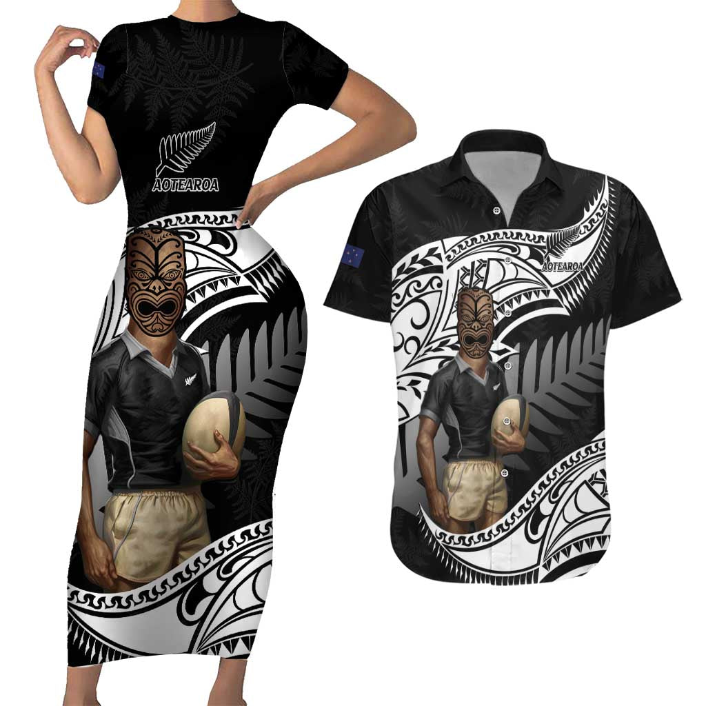 Custom New Zealand Silver Fern Rugby Couples Matching Short Sleeve Bodycon Dress and Hawaiian Shirt 2024 Aotearoa Maori Mascot Go All Black