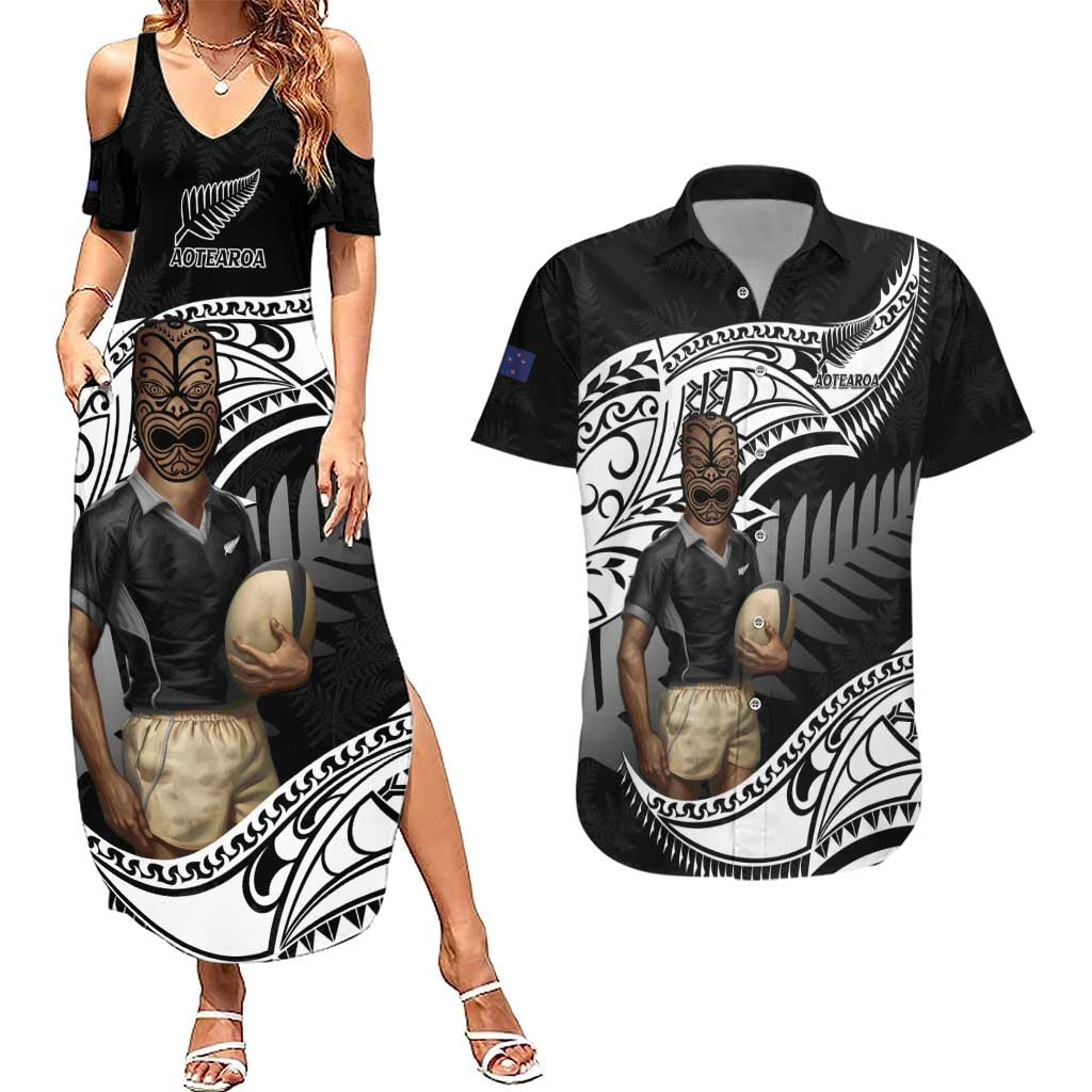 Custom New Zealand Silver Fern Rugby Couples Matching Summer Maxi Dress and Hawaiian Shirt 2024 Aotearoa Maori Mascot Go All Black LT14 Black - Polynesian Pride