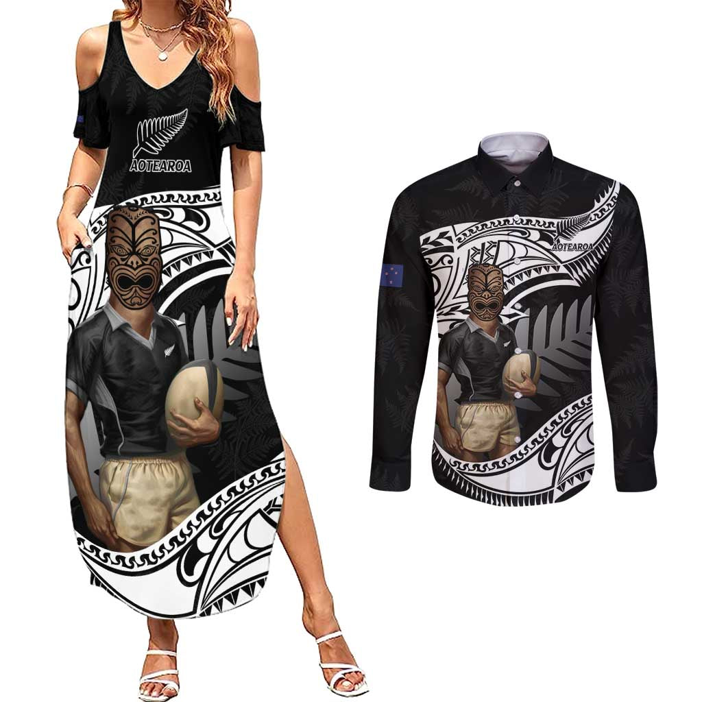 Custom New Zealand Silver Fern Rugby Couples Matching Summer Maxi Dress and Long Sleeve Button Shirt 2024 Aotearoa Maori Mascot Go All Black LT14 Black - Polynesian Pride