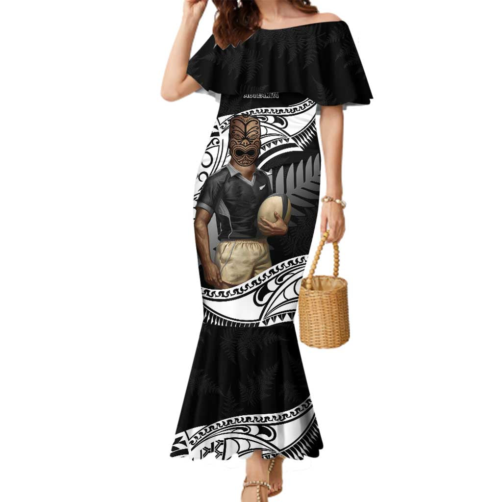 Custom New Zealand Silver Fern Rugby Family Matching Mermaid Dress and Hawaiian Shirt 2024 Aotearoa Maori Mascot Go All Black LT14 Mom's Dress Black - Polynesian Pride