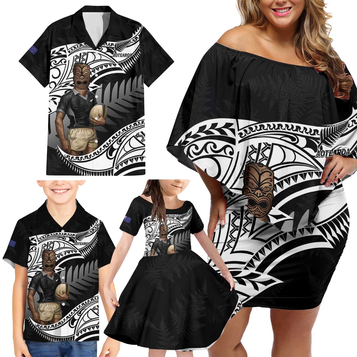 Custom New Zealand Silver Fern Rugby Family Matching Off Shoulder Short Dress and Hawaiian Shirt 2024 Aotearoa Maori Mascot Go All Black