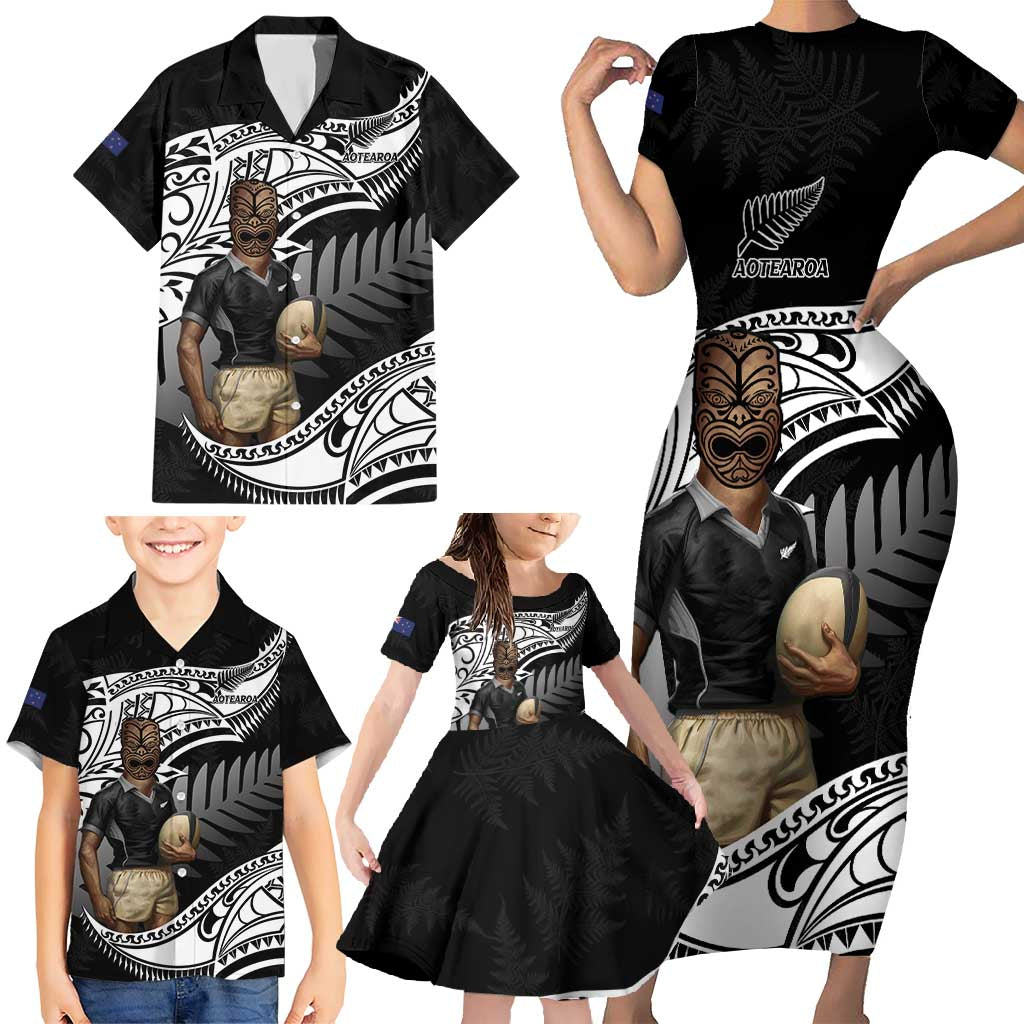 Custom New Zealand Silver Fern Rugby Family Matching Short Sleeve Bodycon Dress and Hawaiian Shirt 2024 Aotearoa Maori Mascot Go All Black LT14 - Polynesian Pride