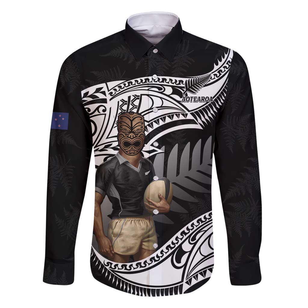 Custom New Zealand Silver Fern Rugby Family Matching Tank Maxi Dress and Hawaiian Shirt 2024 Aotearoa Maori Mascot Go All Black LT14 Dad's Shirt - Long Sleeve Black - Polynesian Pride