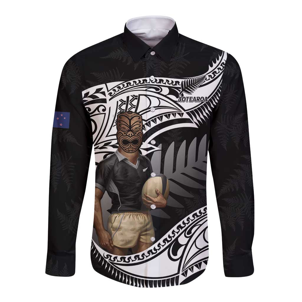 Custom New Zealand Silver Fern Rugby Long Sleeve Button Shirt 2024 Aotearoa Maori Mascot Go All Black LT14 Unisex Black - Polynesian Pride