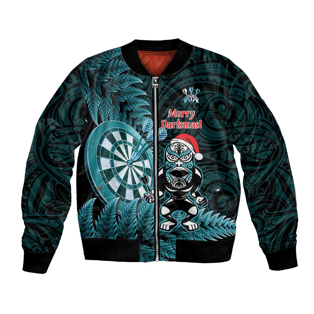 Personalised New Zealand Darts Christmas Bomber Jacket Maori Fern Merry Dartsmas LT14 Unisex Cyan - Polynesian Pride