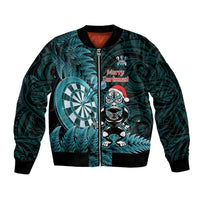 Personalised New Zealand Darts Christmas Bomber Jacket Maori Fern Merry Dartsmas LT14 Unisex Cyan - Polynesian Pride