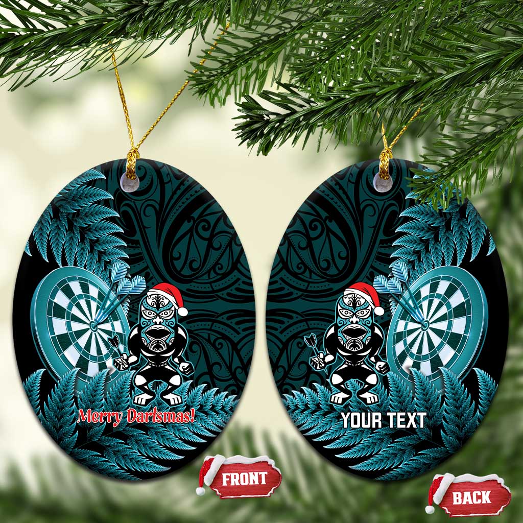 Personalised New Zealand Darts Christmas Ceramic Ornament Maori Fern Merry Dartsmas LT14 Oval Cyan - Polynesian Pride