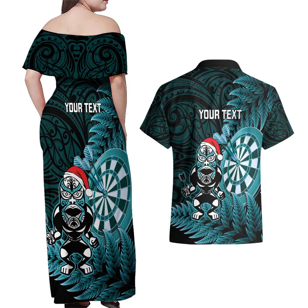 Personalised New Zealand Darts Christmas Couples Matching Off Shoulder Maxi Dress and Hawaiian Shirt Maori Fern Merry Dartsmas - Polynesian Pride