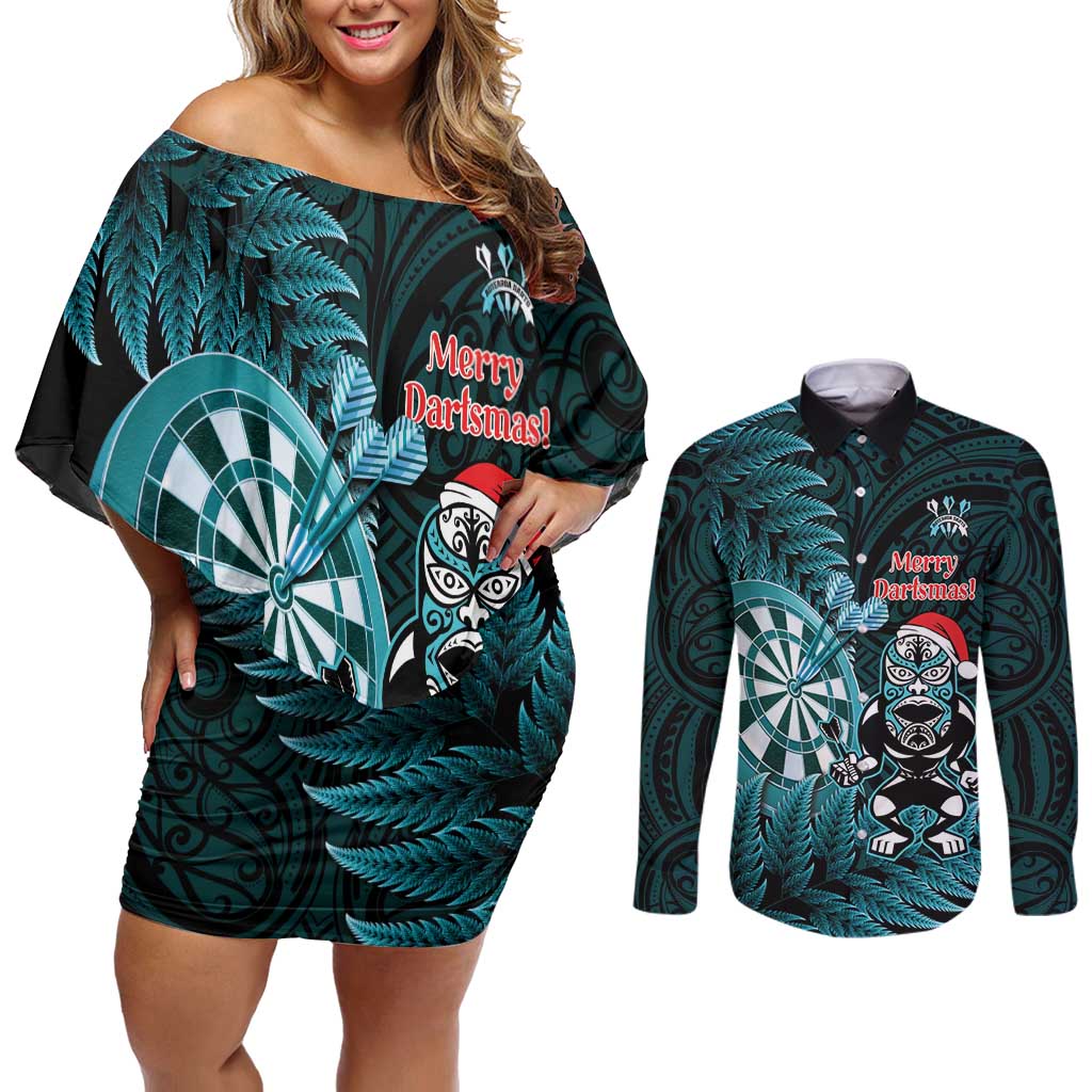 Personalised New Zealand Darts Christmas Couples Matching Off Shoulder Short Dress and Long Sleeve Button Shirt Maori Fern Merry Dartsmas - Polynesian Pride