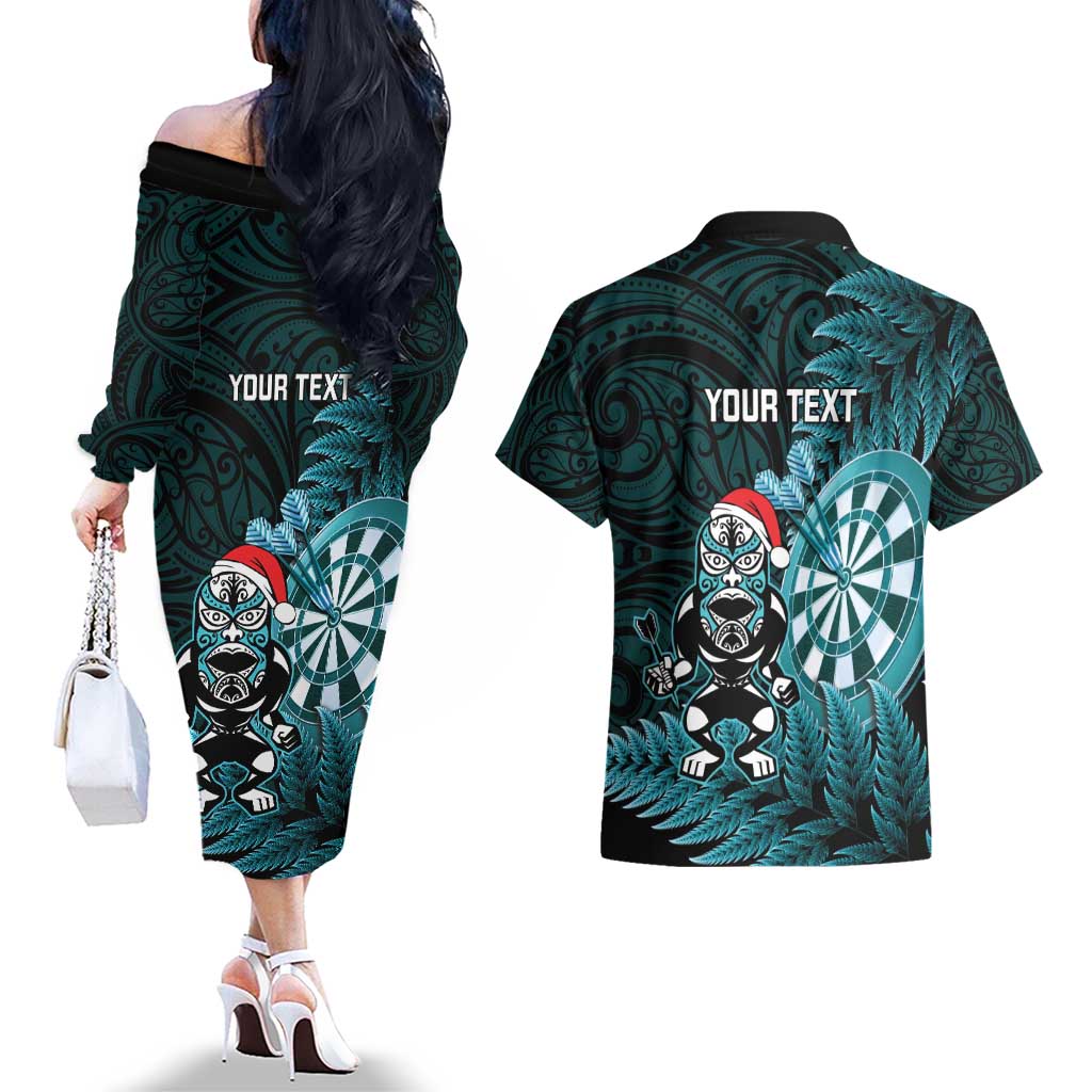 Personalised New Zealand Darts Christmas Couples Matching Off The Shoulder Long Sleeve Dress and Hawaiian Shirt Maori Fern Merry Dartsmas - Polynesian Pride