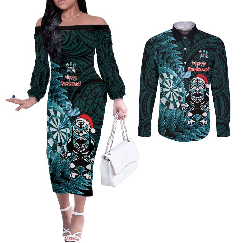 Personalised New Zealand Darts Christmas Couples Matching Off The Shoulder Long Sleeve Dress and Long Sleeve Button Shirt Maori Fern Merry Dartsmas - Polynesian Pride