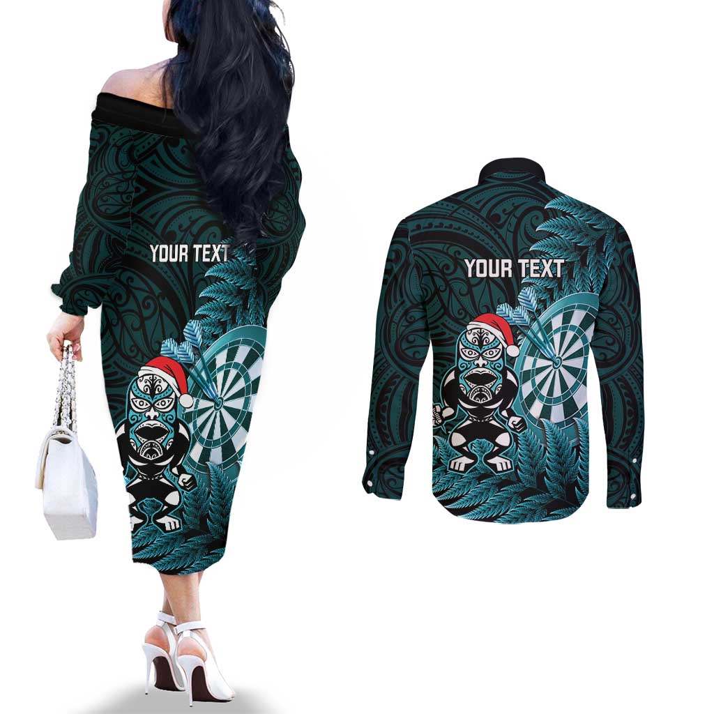 Personalised New Zealand Darts Christmas Couples Matching Off The Shoulder Long Sleeve Dress and Long Sleeve Button Shirt Maori Fern Merry Dartsmas - Polynesian Pride