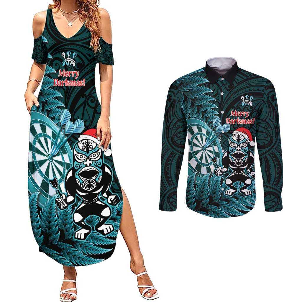 Personalised New Zealand Darts Christmas Couples Matching Summer Maxi Dress and Long Sleeve Button Shirt Maori Fern Merry Dartsmas - Polynesian Pride