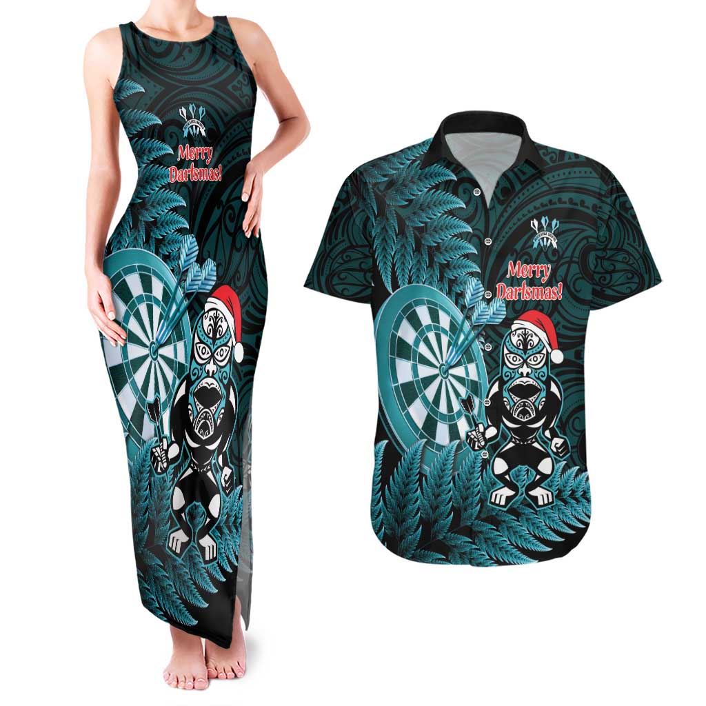 Personalised New Zealand Darts Christmas Couples Matching Tank Maxi Dress and Hawaiian Shirt Maori Fern Merry Dartsmas - Polynesian Pride