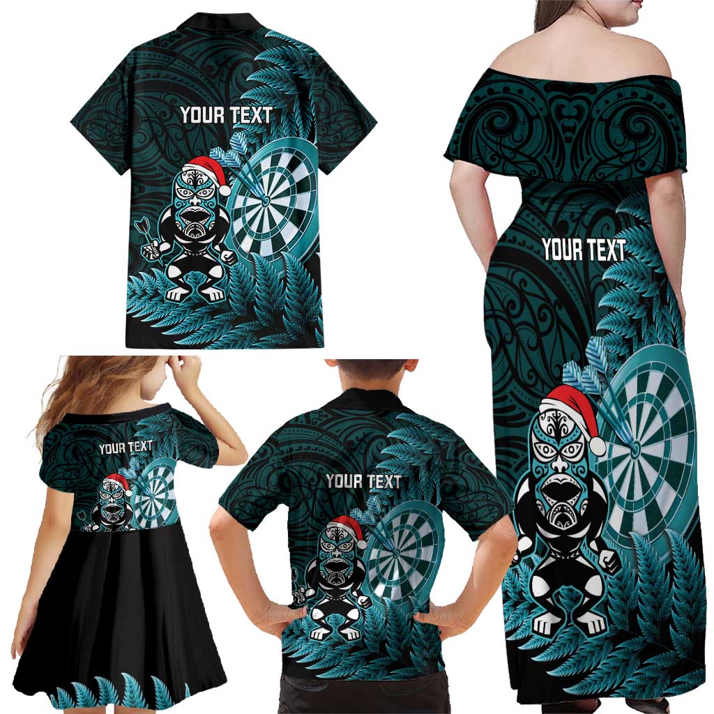 Personalised New Zealand Darts Christmas Family Matching Off Shoulder Maxi Dress and Hawaiian Shirt Maori Fern Merry Dartsmas - Polynesian Pride