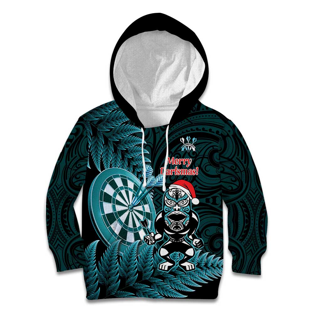 Personalised New Zealand Darts Christmas Kid Hoodie Maori Fern Merry Dartsmas - Polynesian Pride