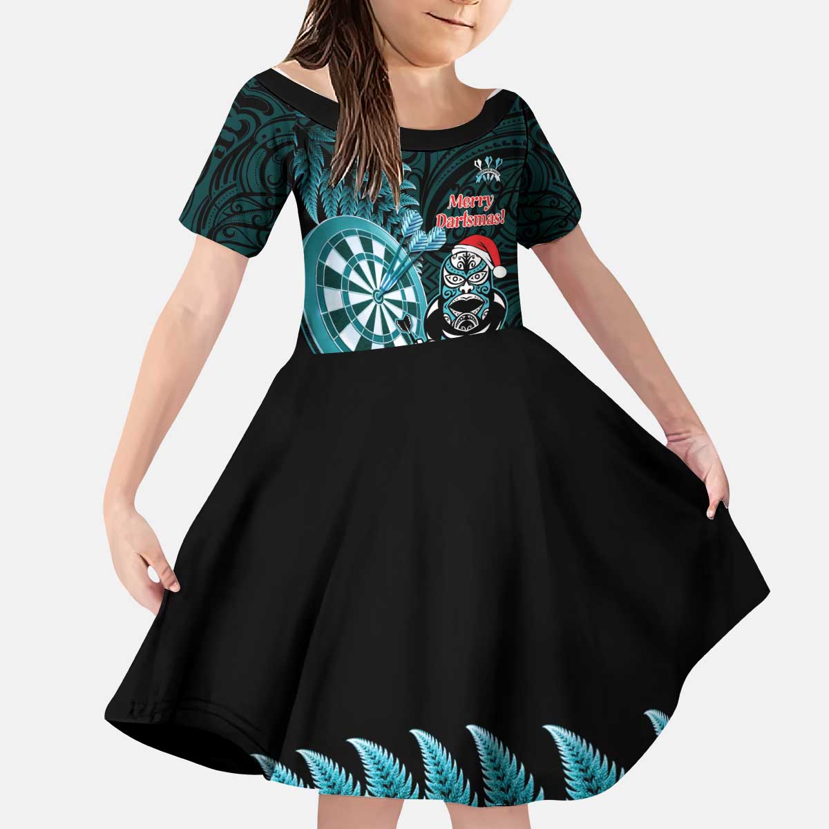 Personalised New Zealand Darts Christmas Kid Short Sleeve Dress Maori Fern Merry Dartsmas - Polynesian Pride