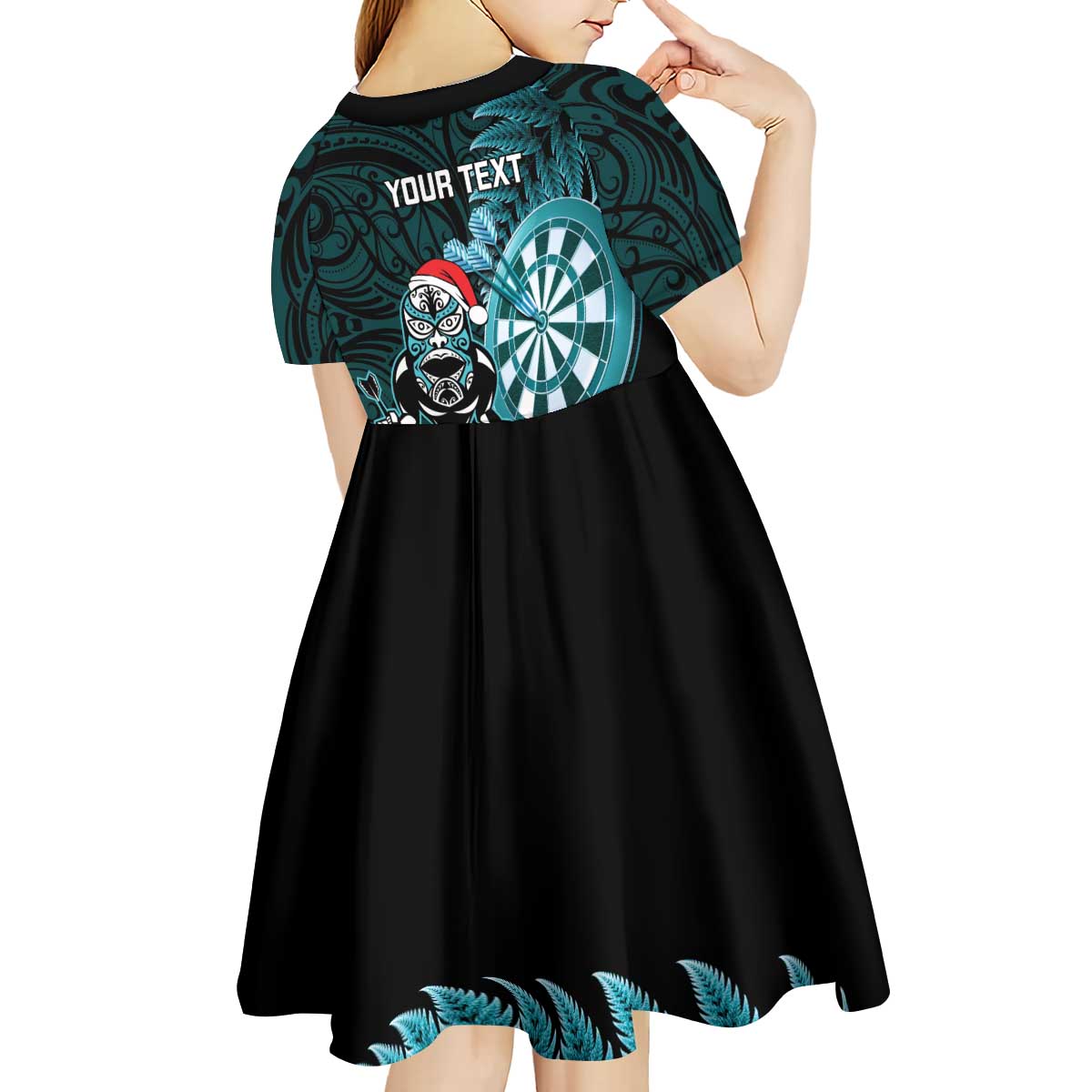 Personalised New Zealand Darts Christmas Kid Short Sleeve Dress Maori Fern Merry Dartsmas - Polynesian Pride
