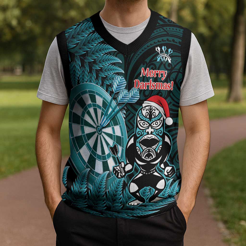 Personalised New Zealand Darts Christmas Knitted V-Neck Vest Maori Fern Merry Dartsmas - Polynesian Pride