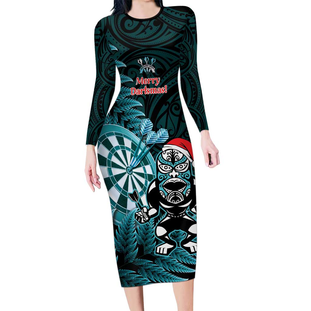 Personalised New Zealand Darts Christmas Long Sleeve Bodycon Dress Maori Fern Merry Dartsmas LT14 Long Dress Cyan - Polynesian Pride