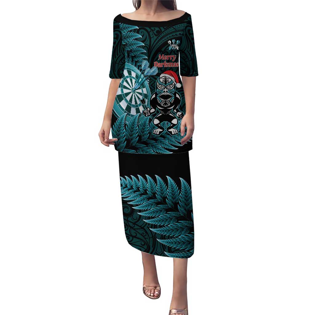 Personalised New Zealand Darts Christmas Puletasi Maori Fern Merry Dartsmas LT14 Long Dress Cyan - Polynesian Pride