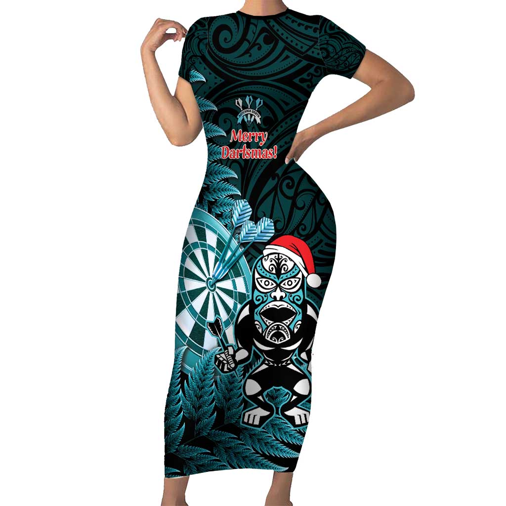 Personalised New Zealand Darts Christmas Short Sleeve Bodycon Dress Maori Fern Merry Dartsmas LT14 Long Dress Cyan - Polynesian Pride