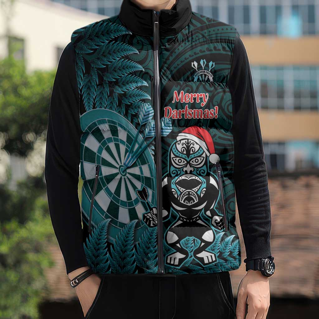 Personalised New Zealand Darts Christmas Sleeveless Puffer Jacket Maori Fern Merry Dartsmas - Polynesian Pride