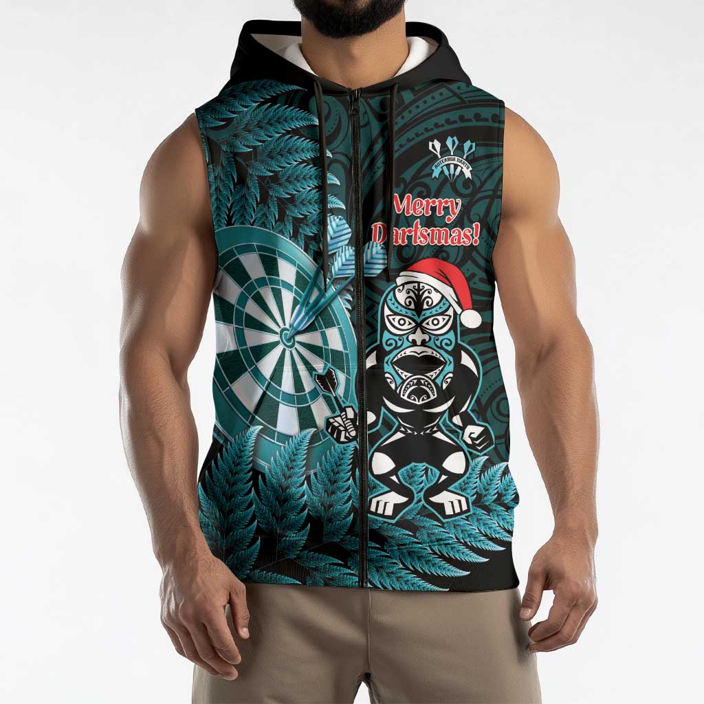 Personalised New Zealand Darts Christmas Sleeveless Zip Hoodie Maori Fern Merry Dartsmas LT14 - Polynesian Pride