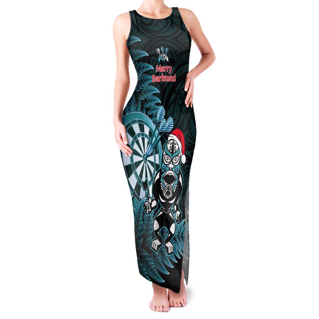 Personalised New Zealand Darts Christmas Tank Maxi Dress Maori Fern Merry Dartsmas LT14 Women Cyan - Polynesian Pride