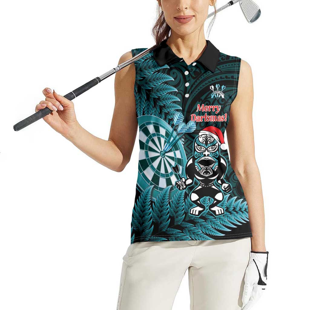 Personalised New Zealand Darts Christmas Women Sleeveless Polo Shirt Maori Fern Merry Dartsmas - Polynesian Pride