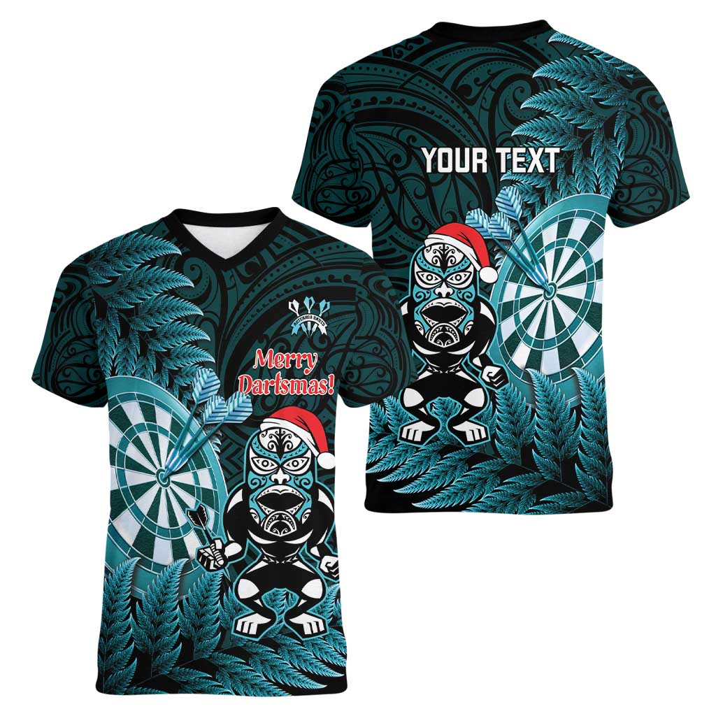 Personalised New Zealand Darts Christmas Women V-Neck T-Shirt Maori Fern Merry Dartsmas - Polynesian Pride