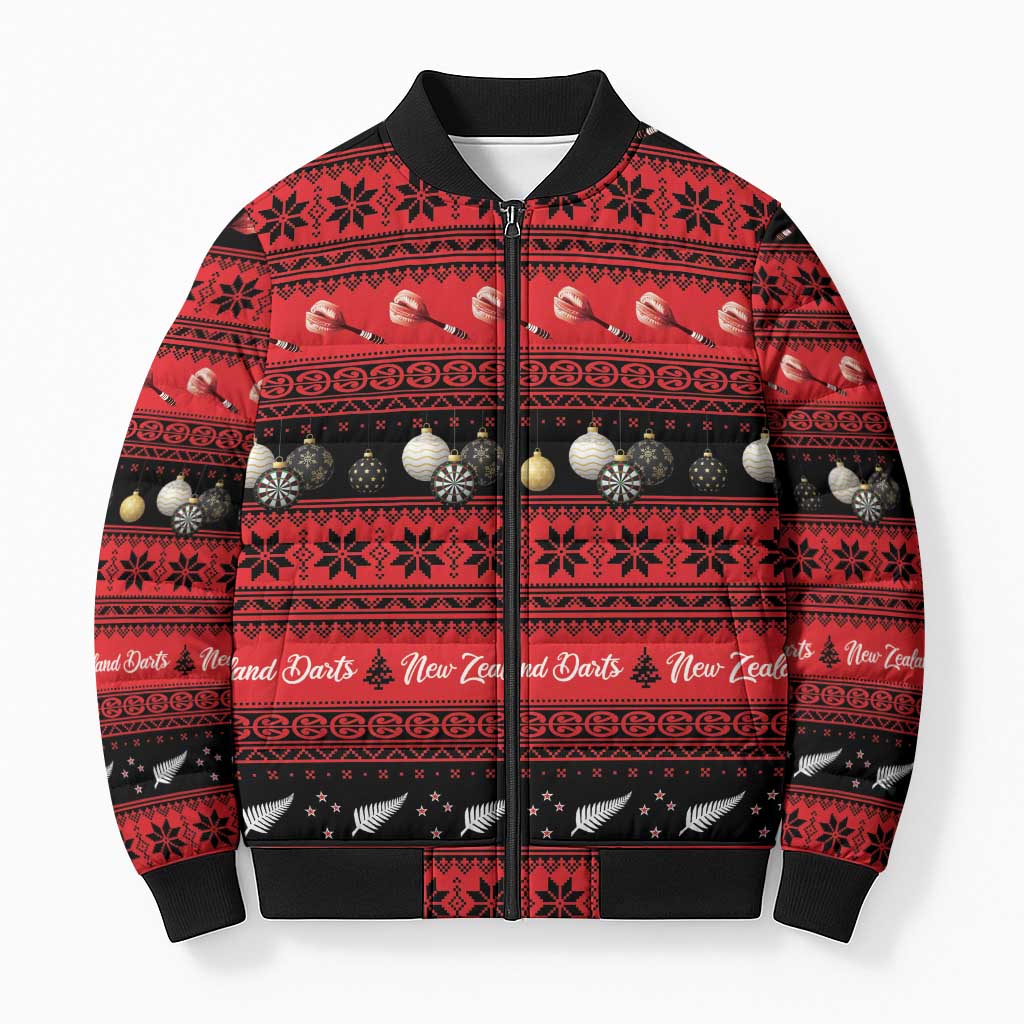 New Zealand Darts Christmas Bomber Puffer Jacket Merry Xmas Aotearoa Maori Red - Polynesian Pride
