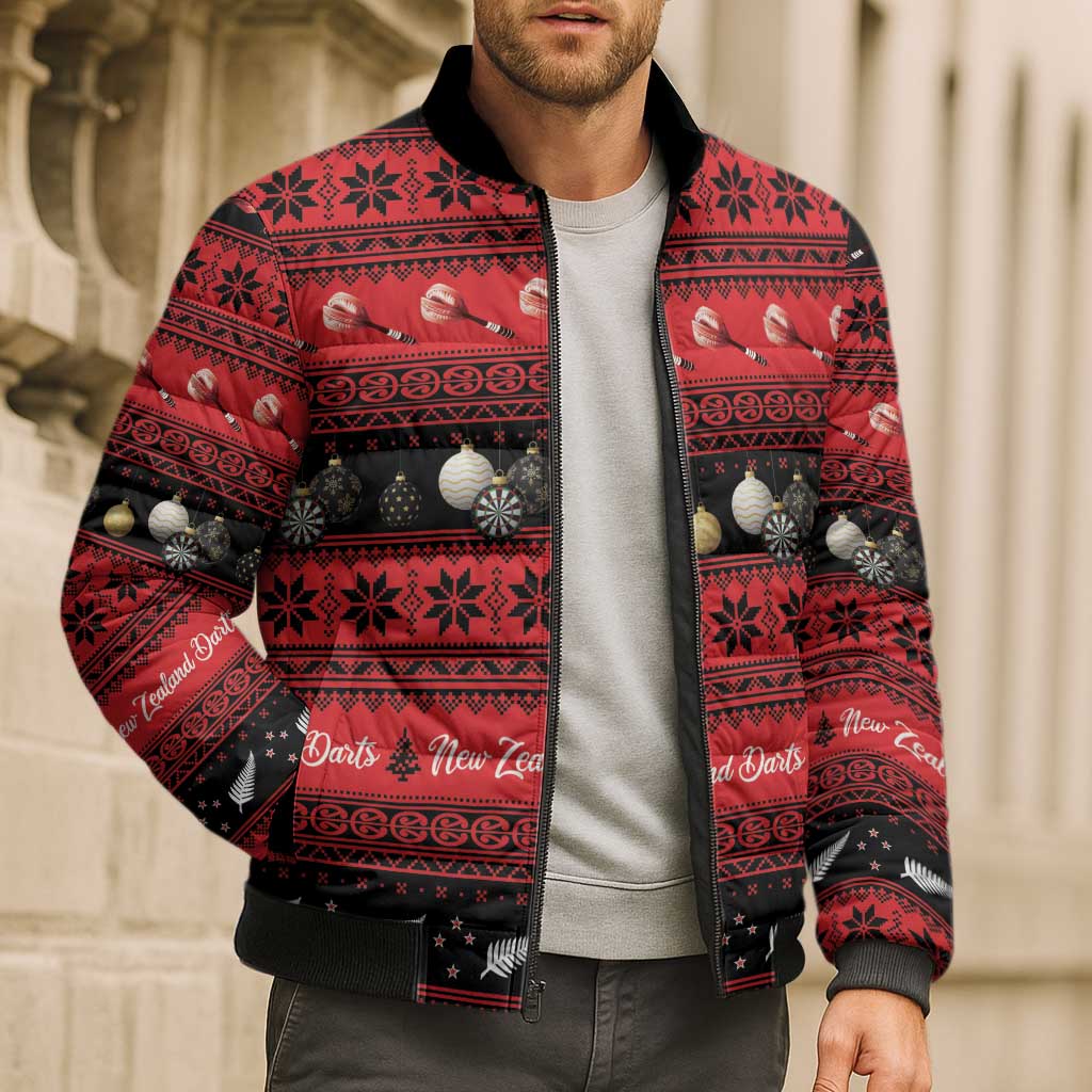 New Zealand Darts Christmas Bomber Puffer Jacket Merry Xmas Aotearoa Maori Red - Polynesian Pride