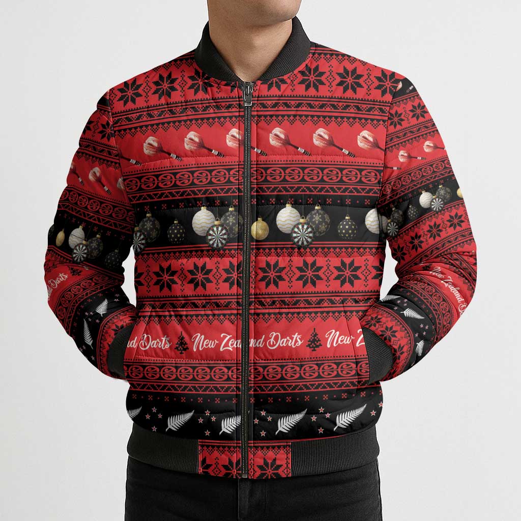 New Zealand Darts Christmas Bomber Puffer Jacket Merry Xmas Aotearoa Maori Red - Polynesian Pride