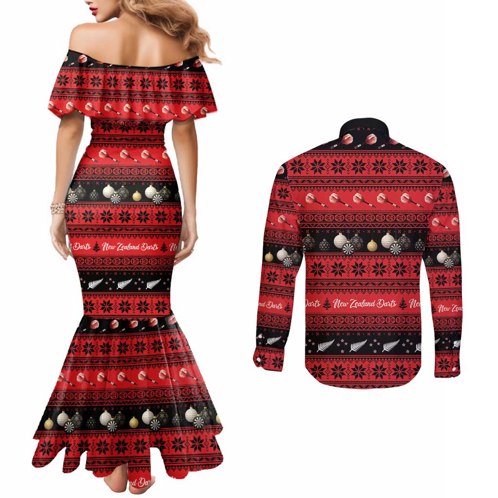 New Zealand Darts Christmas Couples Matching Mermaid Dress and Long Sleeve Button Shirt Merry Xmas Aotearoa Maori Red - Polynesian Pride